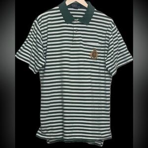VTG Polo Ralph Lauren Green White Striped Polo w/ Crest 100% COTTON - Size L